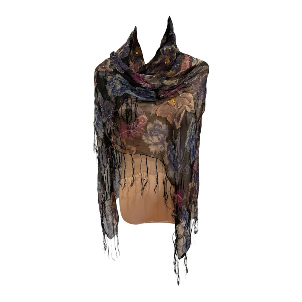 80s SILK FLORAL BOHO SCARF SHAWL W SEQUIN ACCENTS & BLACK FRINGE SZ 40 " X 43" - Picture 3 of 5